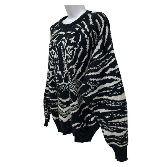 Vintage Y2K Black White Oversized Tiger Sweater Knit Retro Crewneck Italy Chunky - Picture 3 of 13
